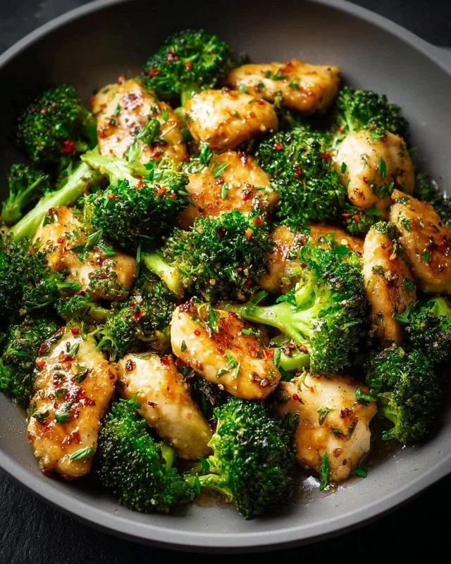 Plate of Garlic Butter Chicken with broccoli, garnished and ready to serve.