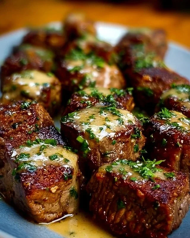 Delicious Garlic Butter Parmesan Steak Bites served on a plate
