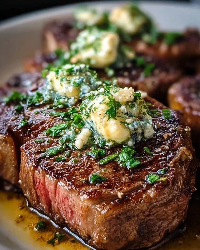Garlic Butter-Seared Ribeye Steak garnished with herbs on a plate