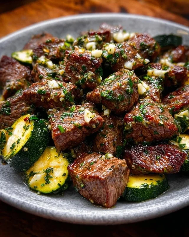 Savory Garlic Butter Steak Bites served on a plate with herbs.
