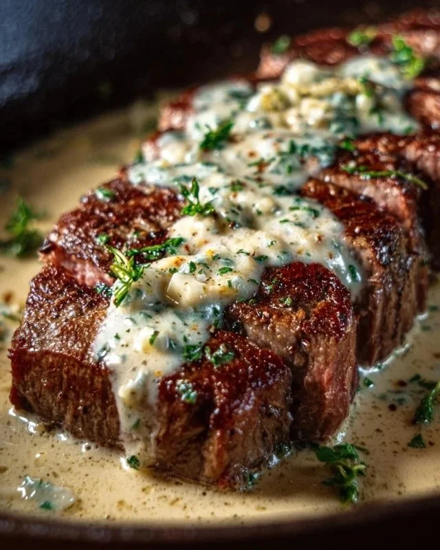 Garlic Butter Steak with Parmesan Cream Sauce garnished on a plate.