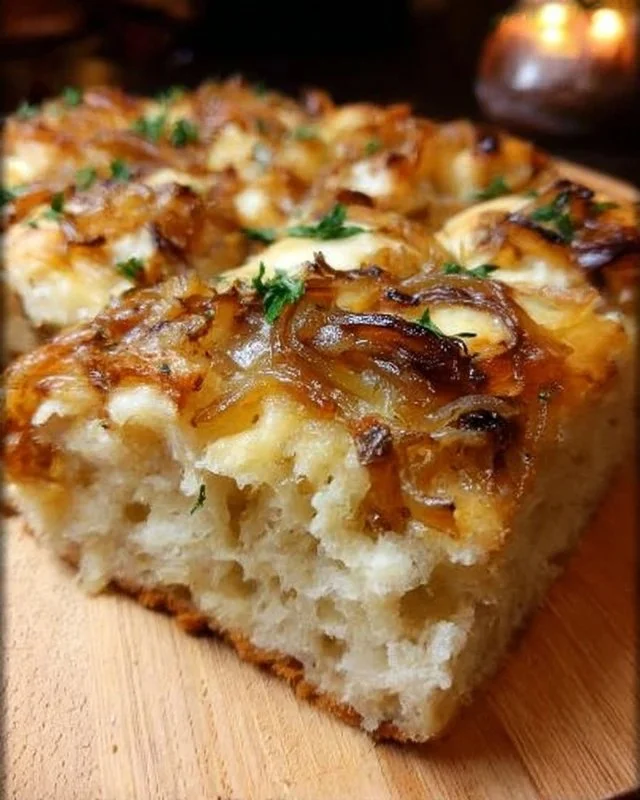 Delicious Garlic Focaccia Bread topped with caramelized onions and white cheddar cheese