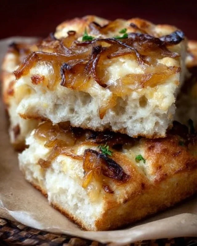Garlic Focaccia Bread with Caramelized Onions and White Cheddar