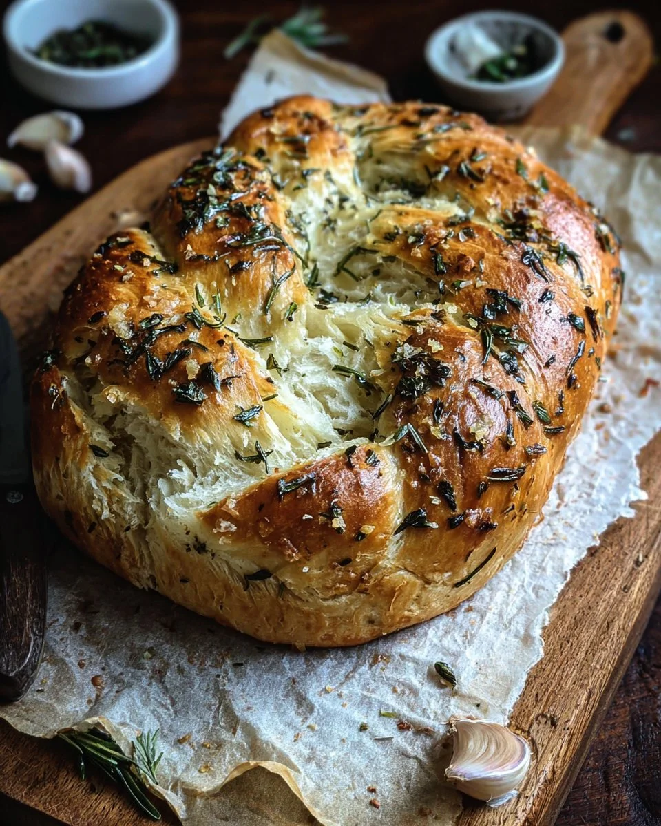 Freshly baked Garlic Herb Braided Bread displayed on a rustic wooden table.