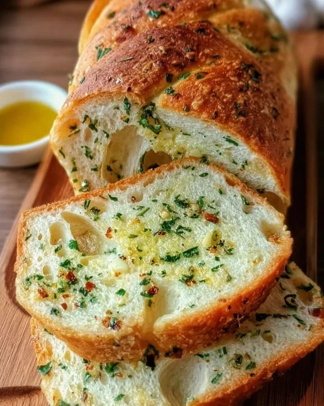 Loaf of garlic herb bread with a golden crust and fresh herbs.