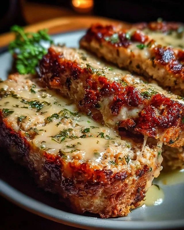 Delicious Garlic Parmesan Chicken Meatloaf garnished with herbs and cheese