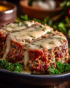 A slice of Garlic Parmesan Chicken Meatloaf on a plate garnished with herbs.