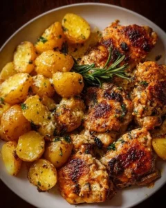 Garlic Parmesan Chicken Thighs served with crispy potatoes