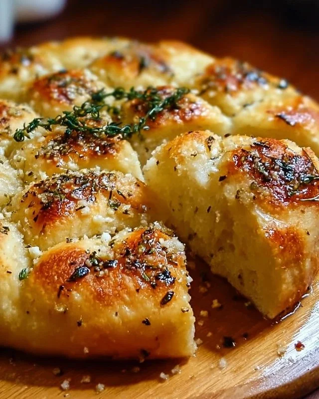 Freshly baked Garlic Parmesan Focaccia bread with herbs and cheese