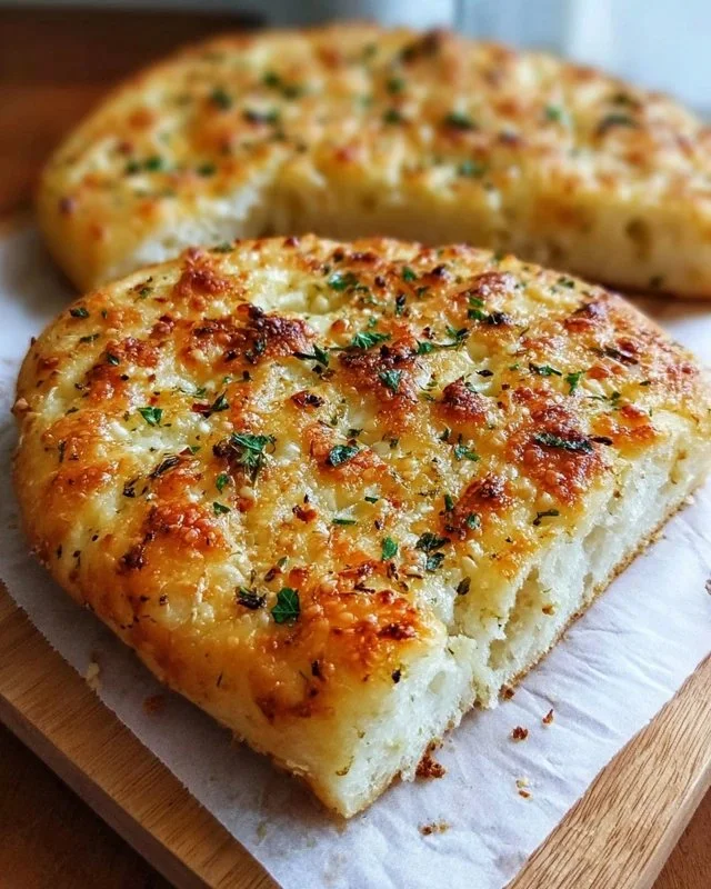 Freshly baked garlic parmesan focaccia bread displayed on a wooden board