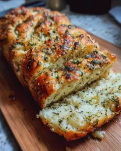 Homemade Garlic Parmesan Herb Bread garnished with herbs and a golden crust.