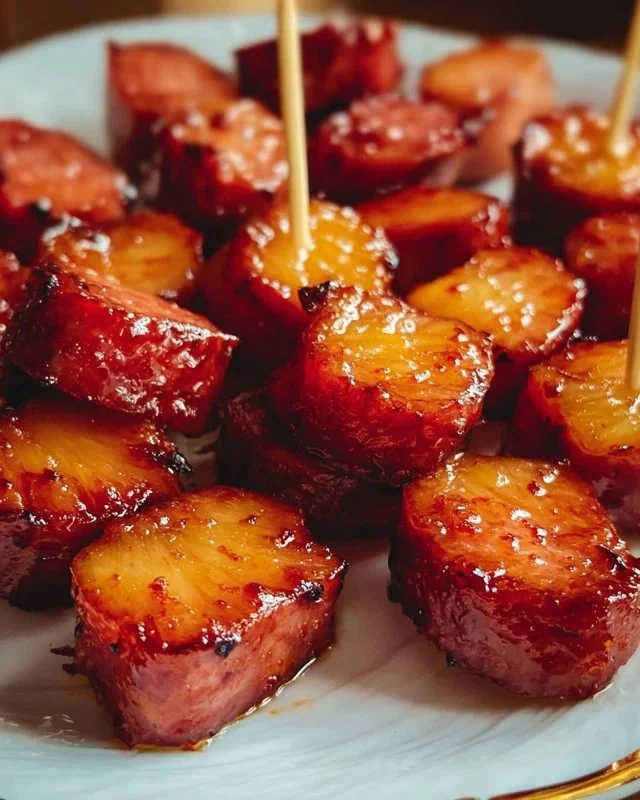 Glazed Pineapple Kielbasa Bites served on a platter