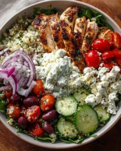 Delicious Greek Chicken Bowl topped with fresh vegetables and herbs