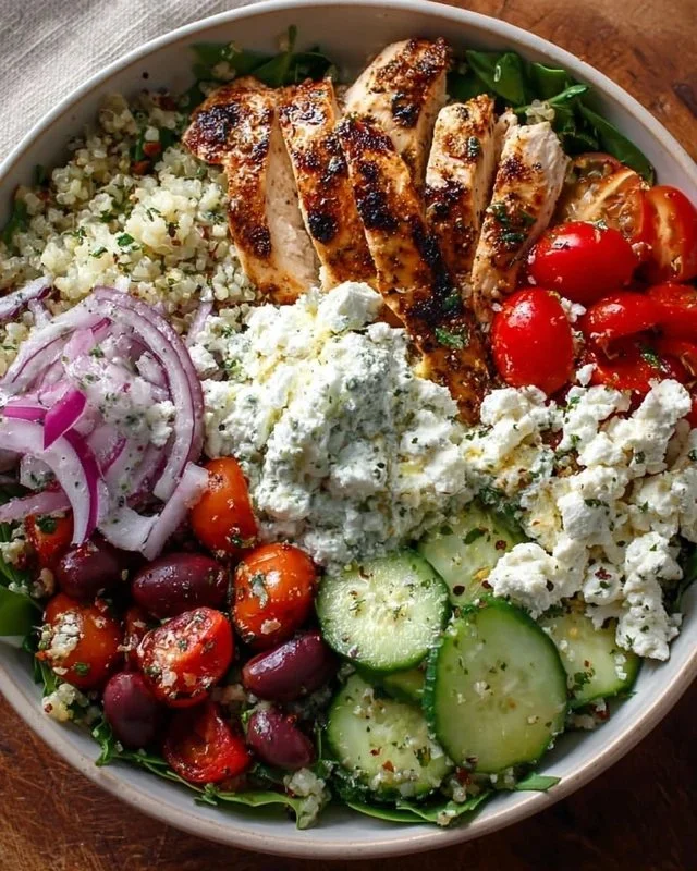 Delicious Greek Chicken Bowl topped with fresh vegetables and herbs