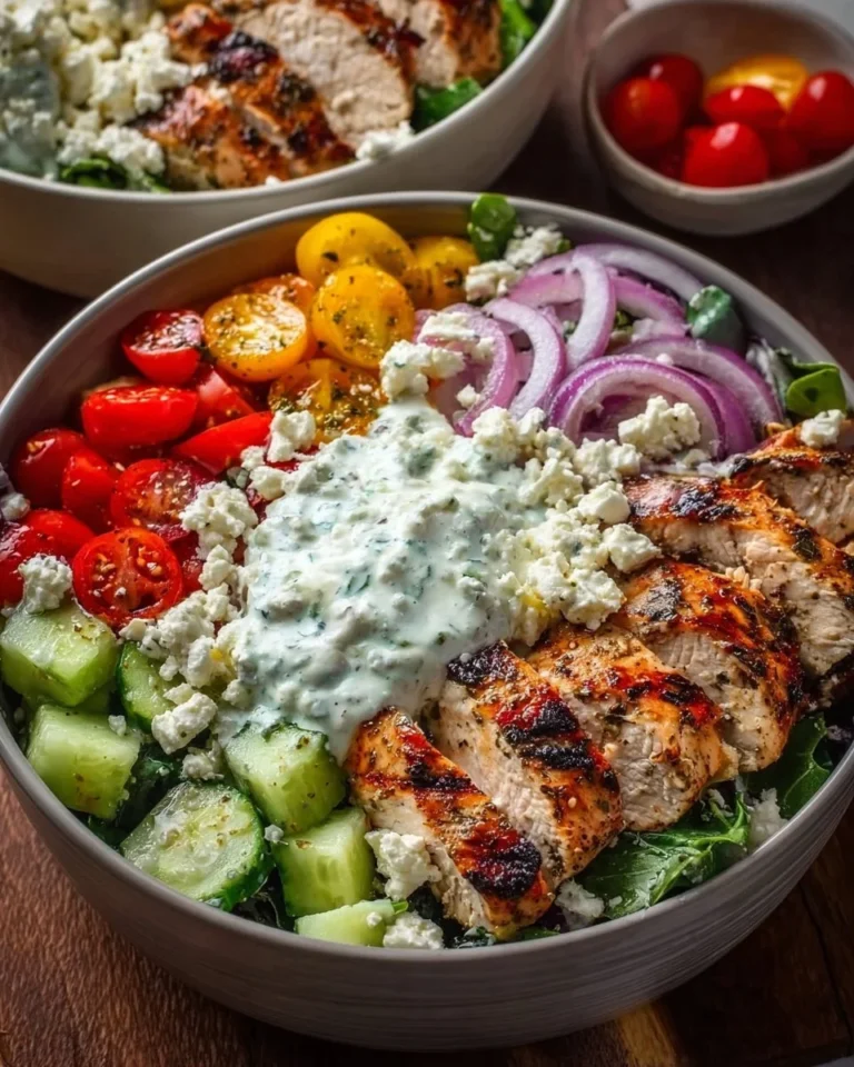 Delicious Greek Chicken Bowl with fresh veggies and tangy dressing
