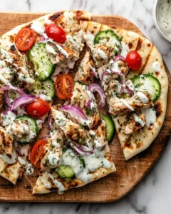Delicious Greek chicken flatbread topped with fresh vegetables and tzatziki sauce.