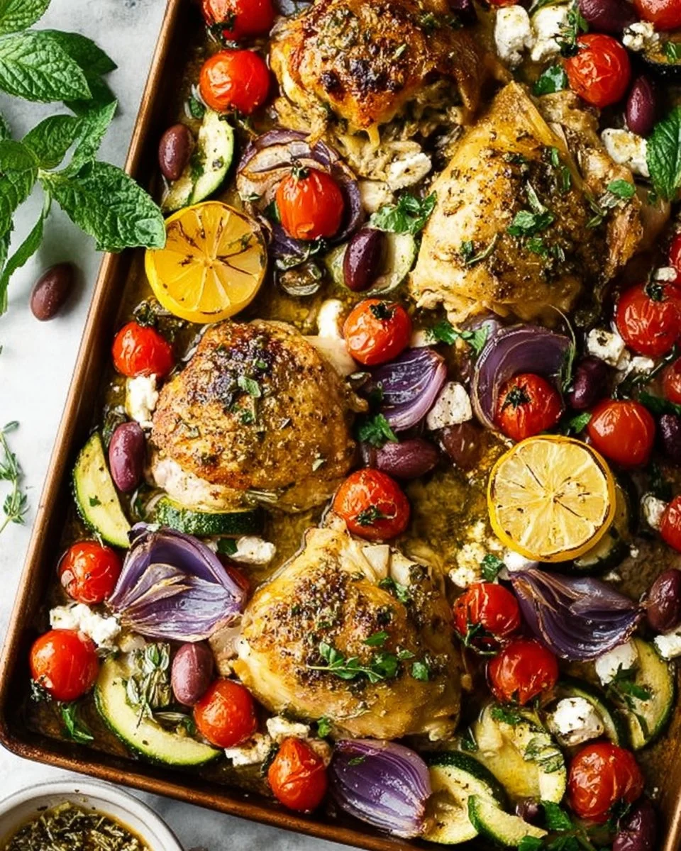 A plate of Greek Sheet Pan Chicken with vegetables and herbs ready to serve.