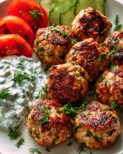Greek turkey meatballs with tzatziki sauce on a plate for a healthy meal.