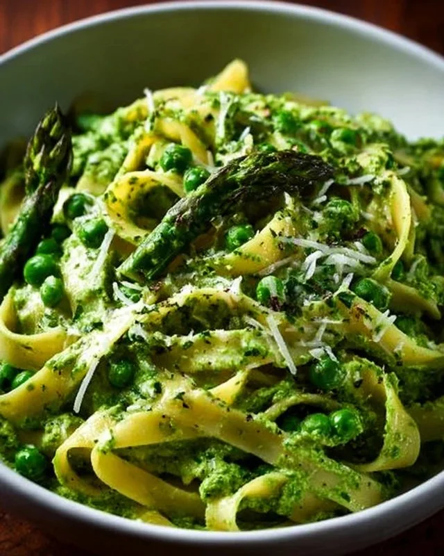 Plate of Green Goddess Fettuccine with creamy spinach sauce, asparagus, and peas
