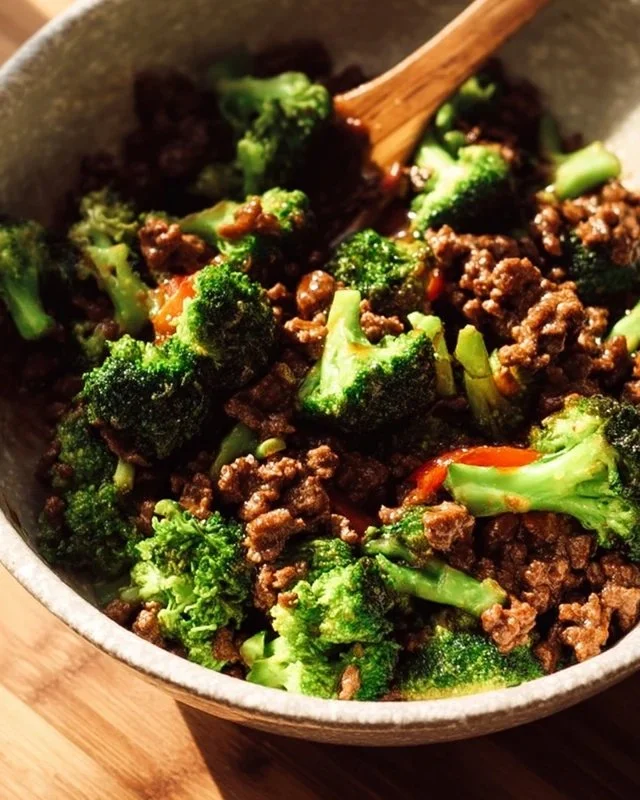 Delicious ground beef and broccoli stir-fry served in a bowl.
