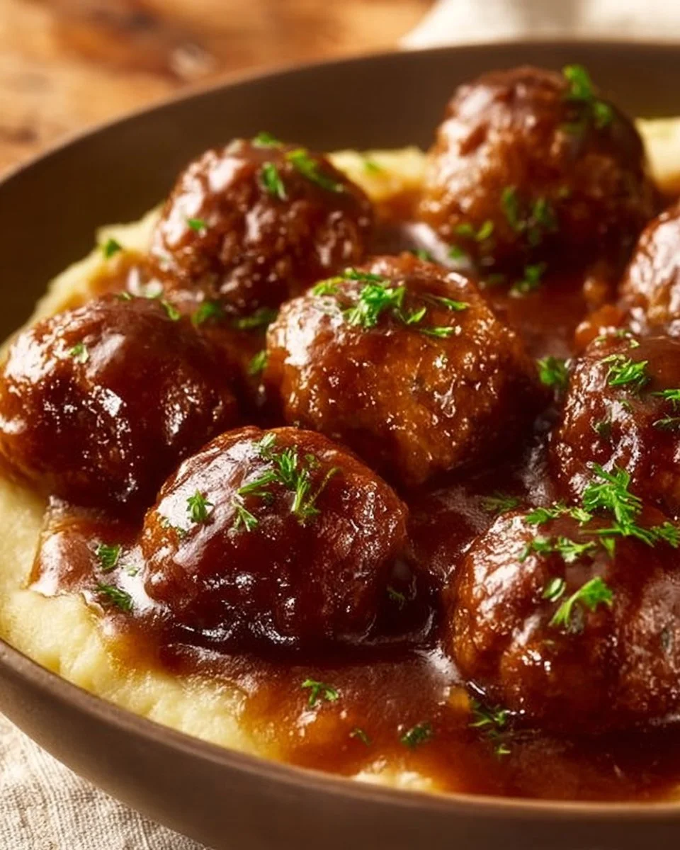 Ground beef meatballs served in gravy on a plate