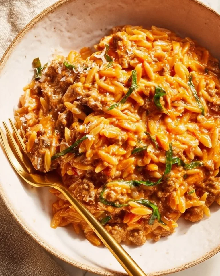 Ground Beef Orzo dish garnished with herbs and vegetables