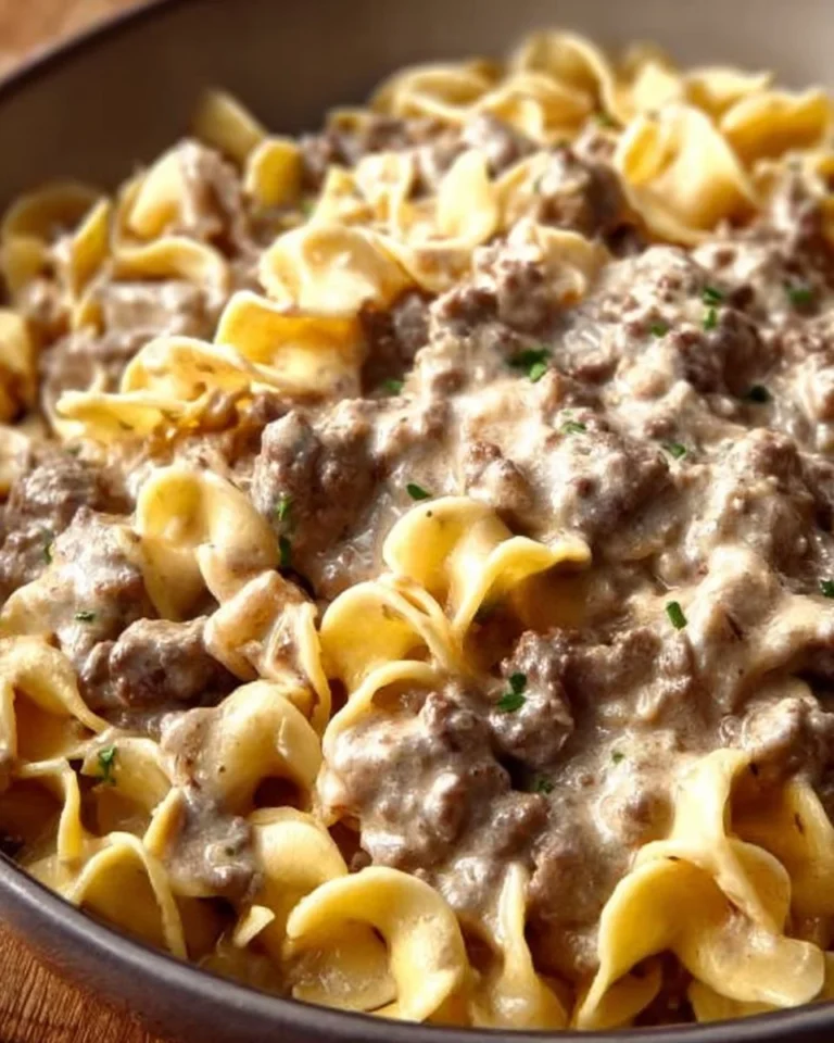 Delicious bowl of Ground Beef Stroganoff served with egg noodles