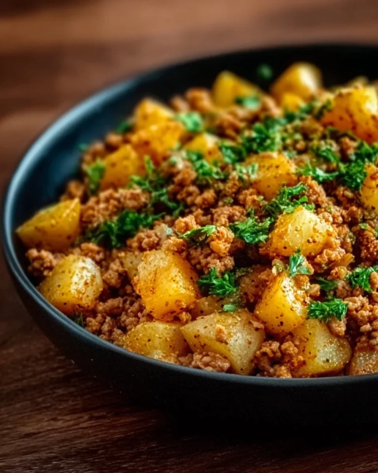 Ground turkey with potatoes dish served in a bowl, garnished with herbs.