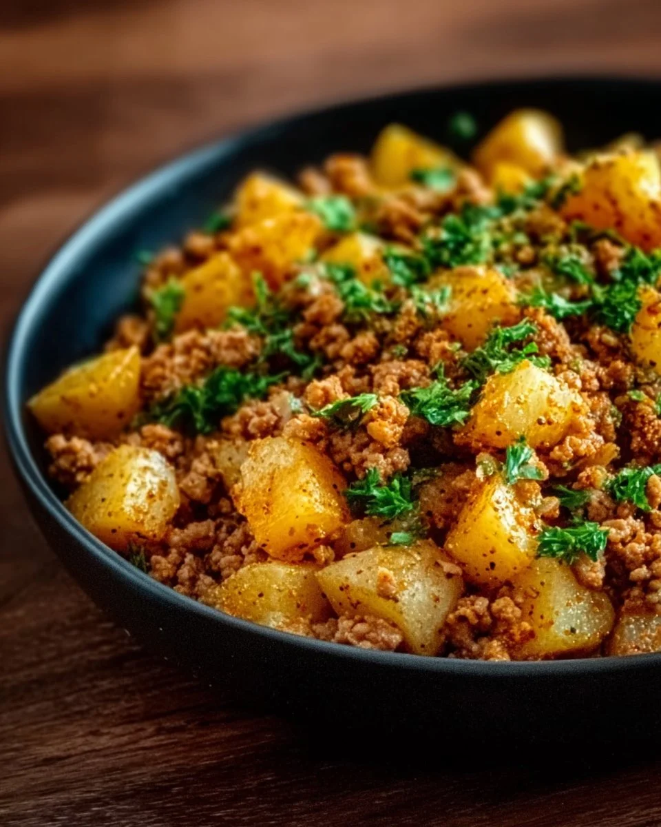 Ground turkey with potatoes dish served in a bowl, garnished with herbs.