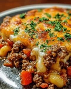 Delicious Hamburger Supreme Casserole served hot with melted cheese