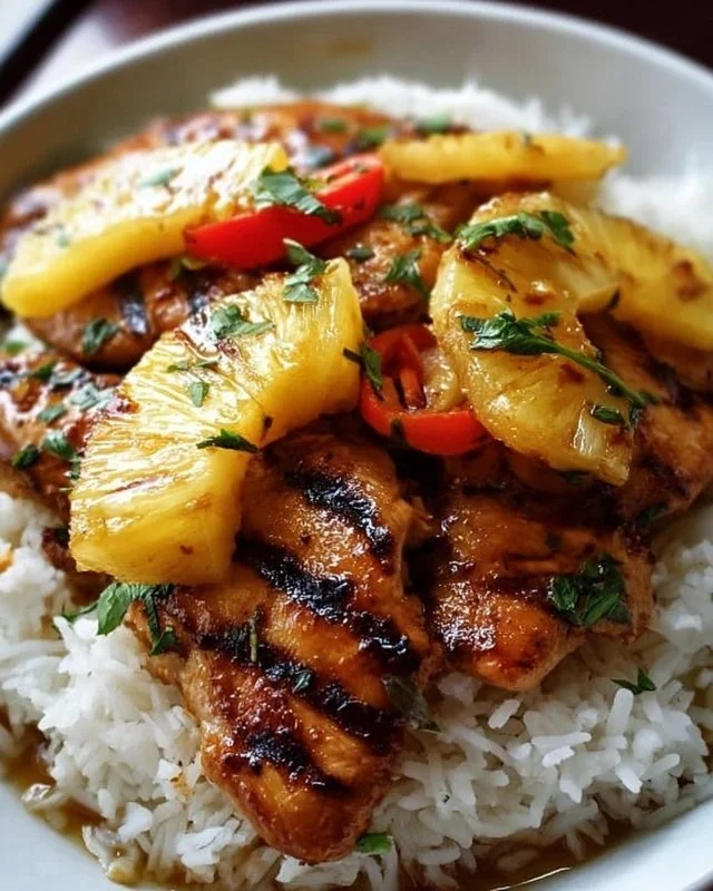 Hawaiian chicken with pineapple and coconut rice served on a plate