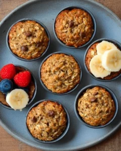 Freshly baked healthy banana oat muffins on a wooden table