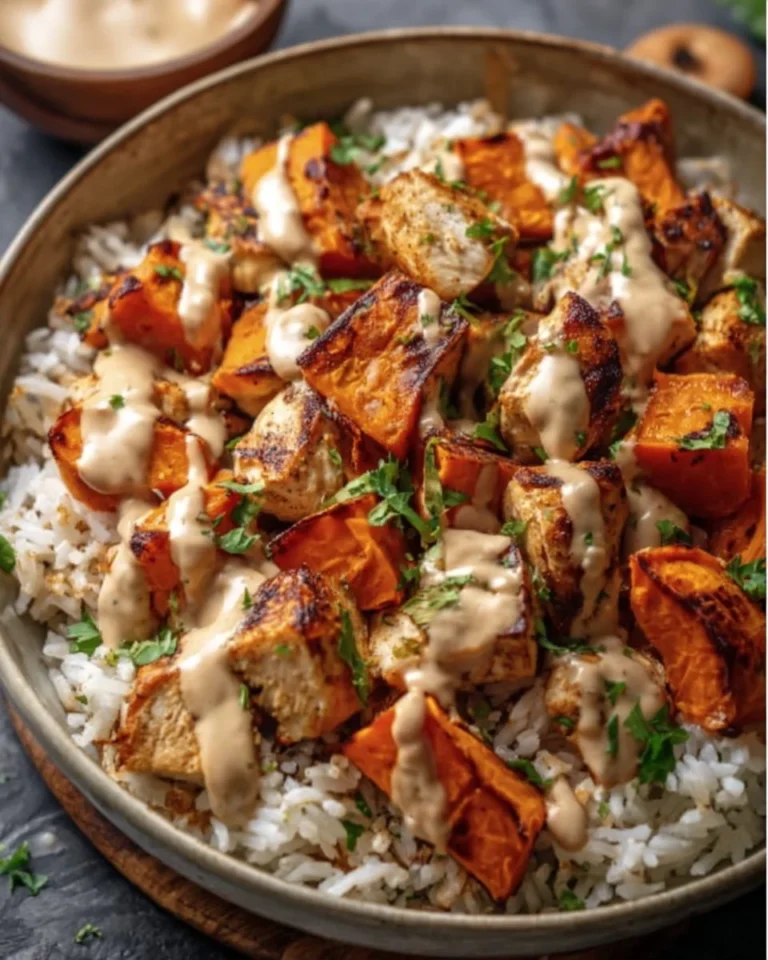 Healthy chicken and sweet potato rice bowl for nutritious eating