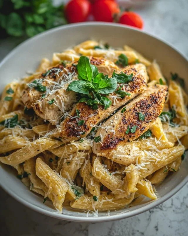 Healthy garlic parmesan chicken pasta dish with chicken, pasta, and garlic sauce