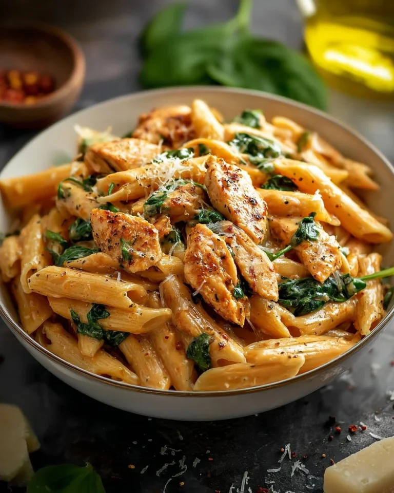 Healthy garlic parmesan chicken pasta dish served with a side of vegetables