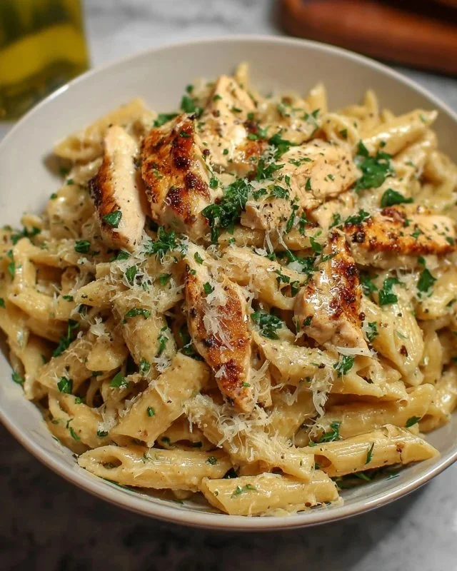Healthy garlic parmesan chicken pasta dish garnished with parsley and grated cheese