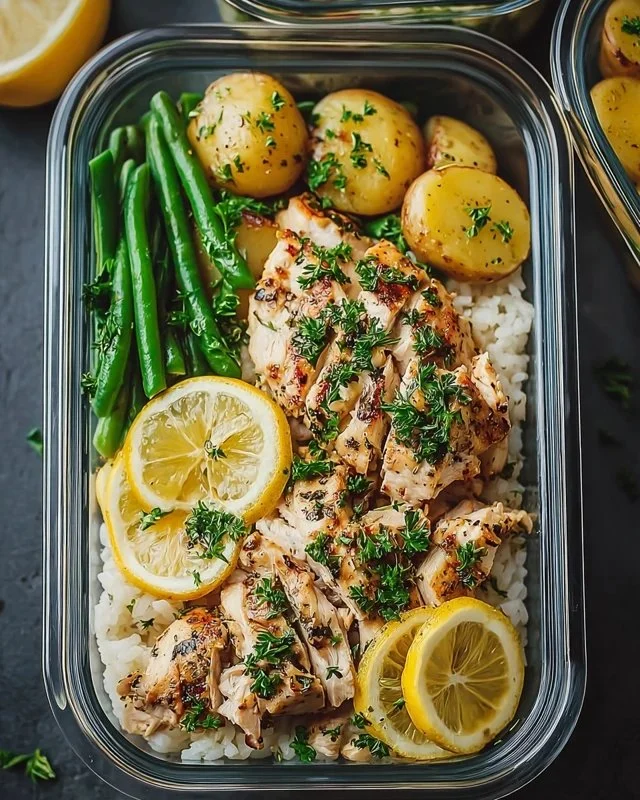 Healthy lemon garlic chicken meal prep bowls with vegetables and grains