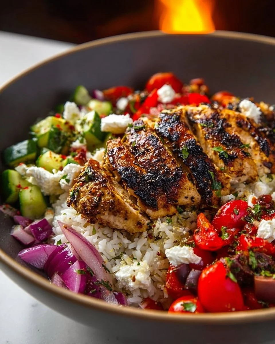 Healthy Mediterranean Chicken Bowl with vegetables and grains
