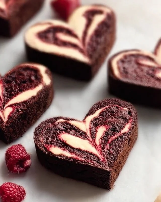 Delicious heart-shaped brownies topped with chocolate and sprinkles.