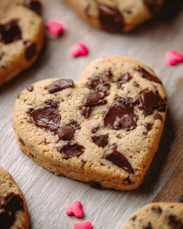 Heart-shaped chocolate chip cookies decorated for a festive occasion