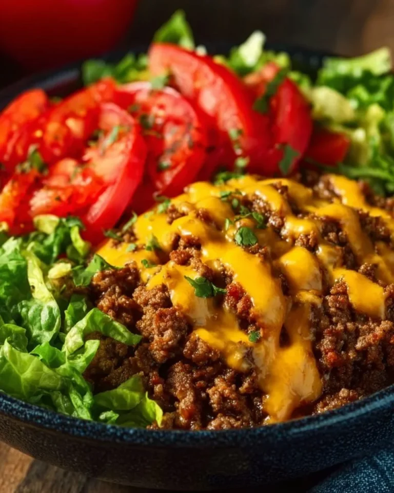 High-protein cheeseburger bowls with ground beef and burger sauce in a bowl.