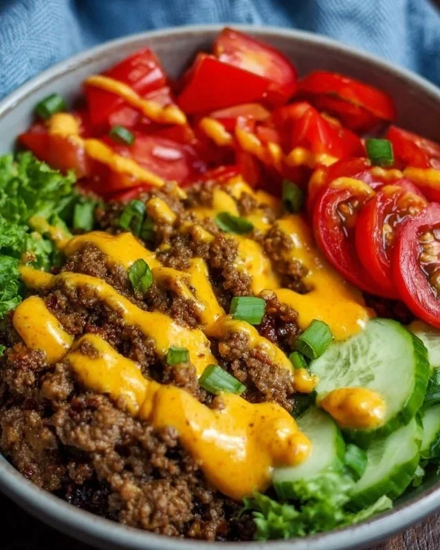 High-protein cheeseburger bowls with ground beef and burger sauce served in a bowl