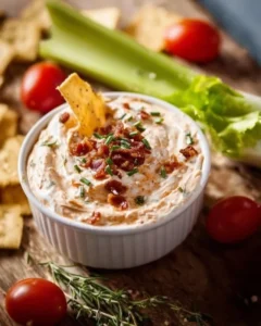 High protein crack dip served in a bowl with vegetables and chips for dipping