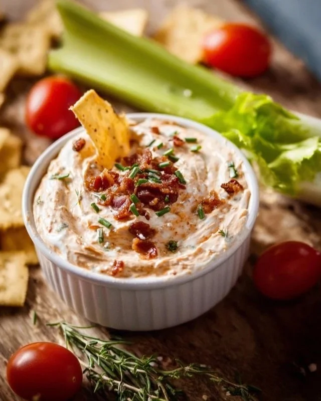 High protein crack dip served in a bowl with vegetables and chips for dipping