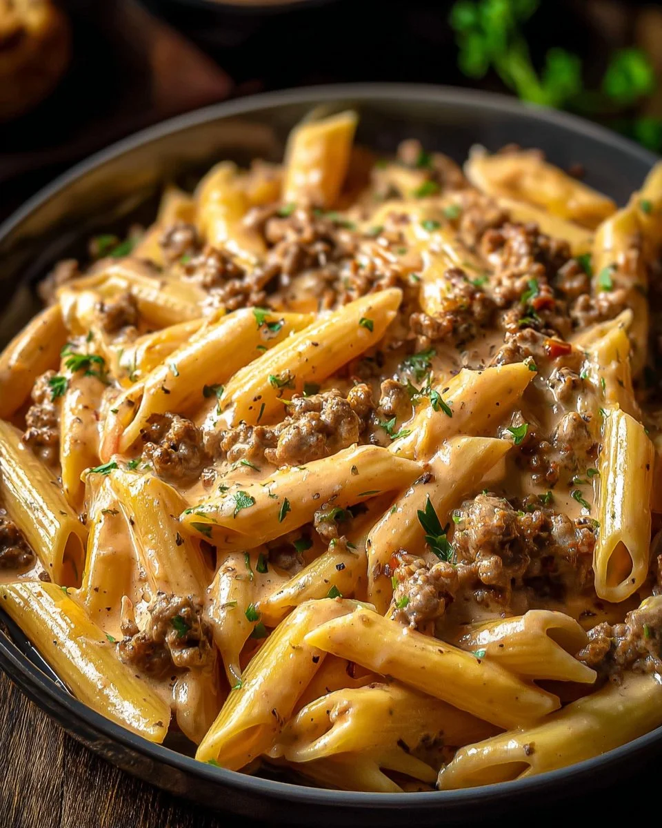 High protein creamy beef pasta dish with herbs and cheese