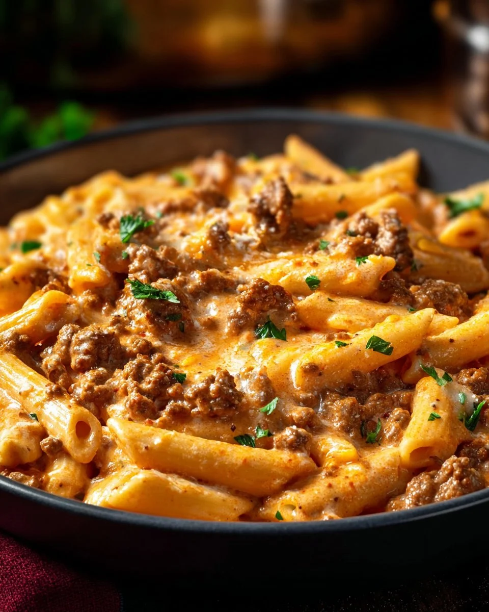 High protein creamy beef pasta dish served in a bowl