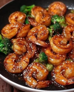 High-protein honey garlic shrimp served on a plate with garnishes