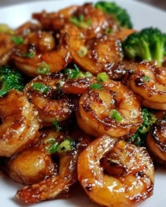 Delicious high-protein honey garlic shrimp served on a plate with vegetables