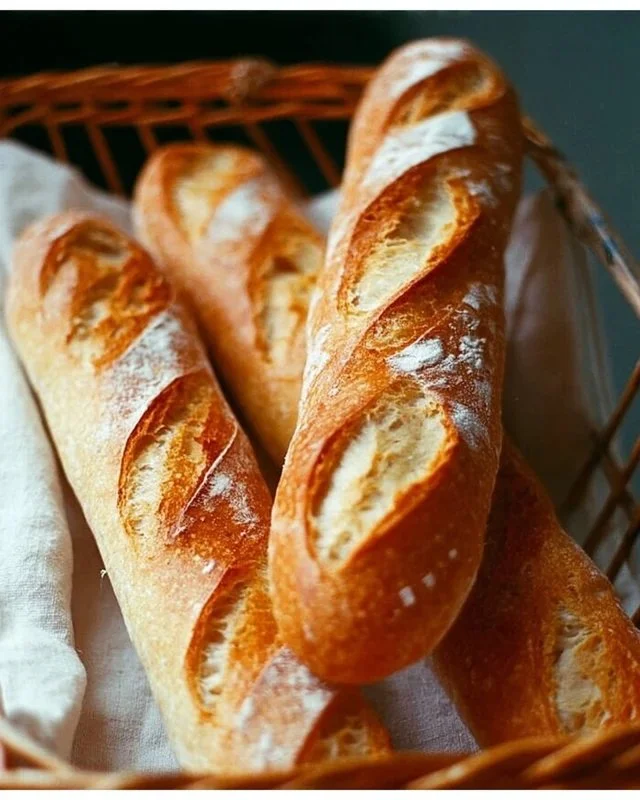 Freshly baked homemade baguettes on a wooden table