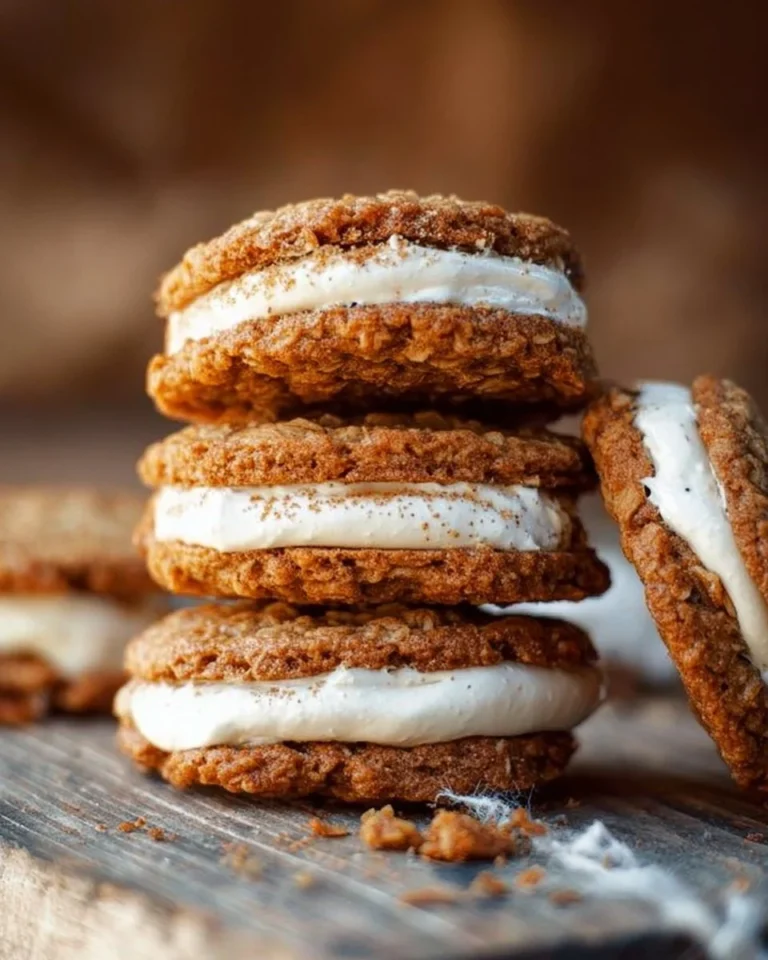 Delicious homemade oatmeal cream pies with creamy filling between soft cookies